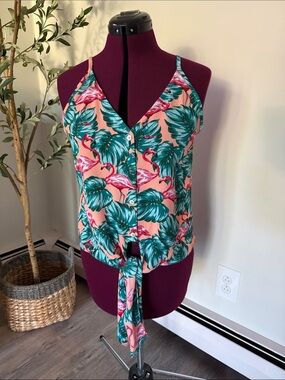 Adrienne Size Small Tropical Flamingo Tie-Front Cami Top - Pink & Teal